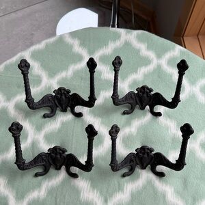 Antique Victorian LB 33 cast iron Black Double Wall Hooks - Set of 4